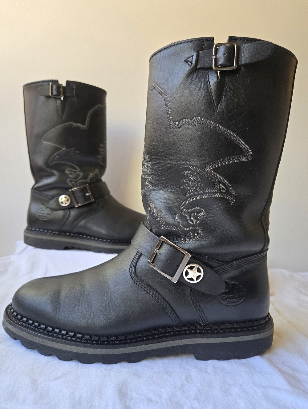 Georgia Boot Men's Black Leather Engineer Motor Bike Boots Eagle Detail Size 9